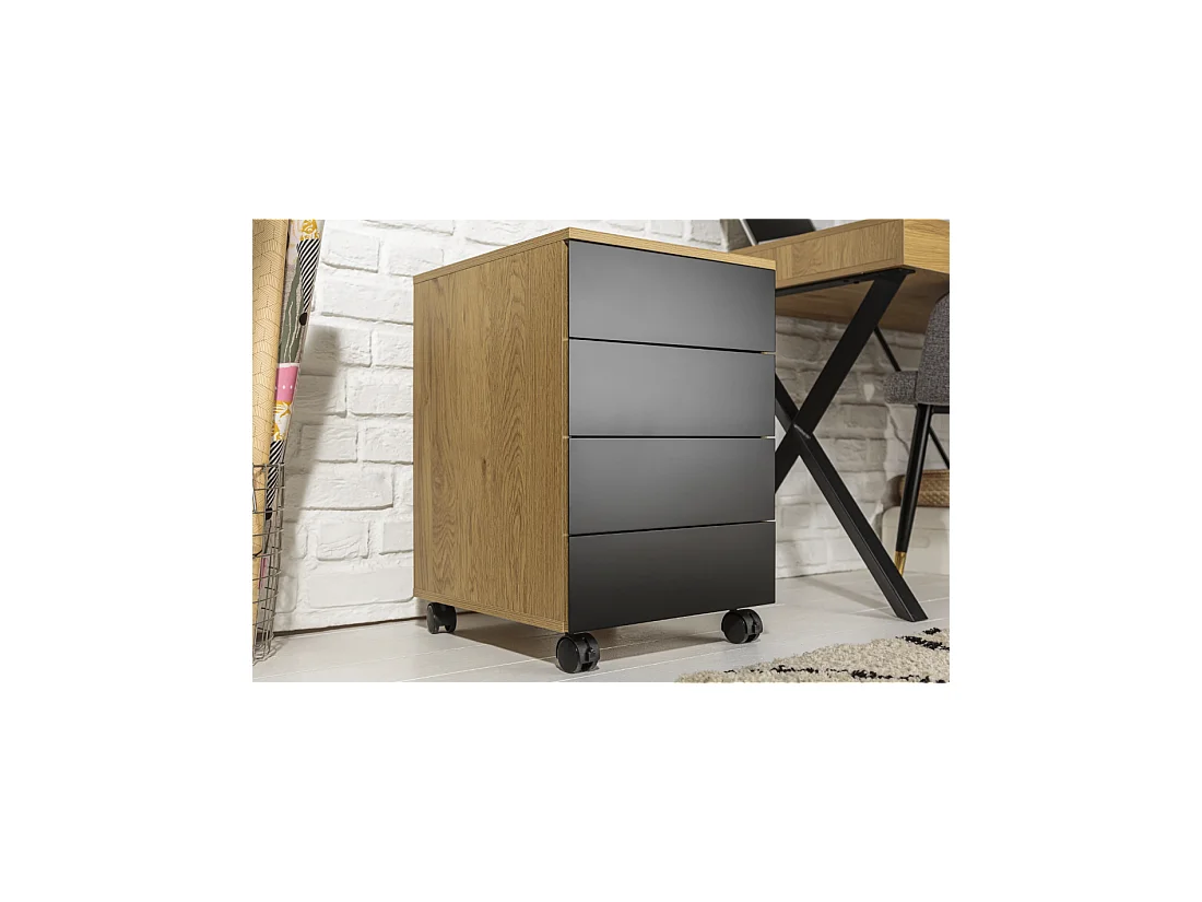 Caisson de bureau LUNISSIA 4 tiroirs sur roulettes – Noir et aspect bois – 40 x 61 x 45 cm