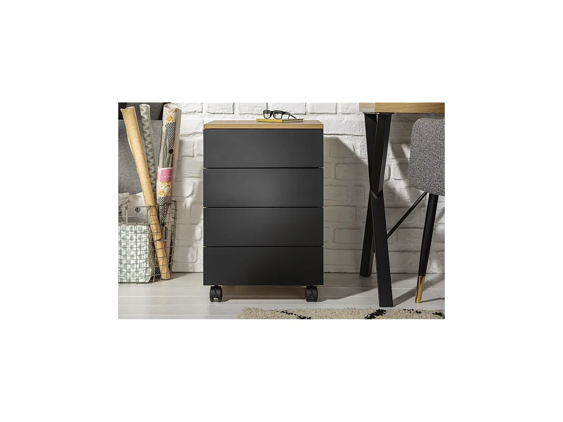Caisson de bureau LUNISSIA 4 tiroirs sur roulettes – Noir et aspect bois – 40 x 61 x 45 cm