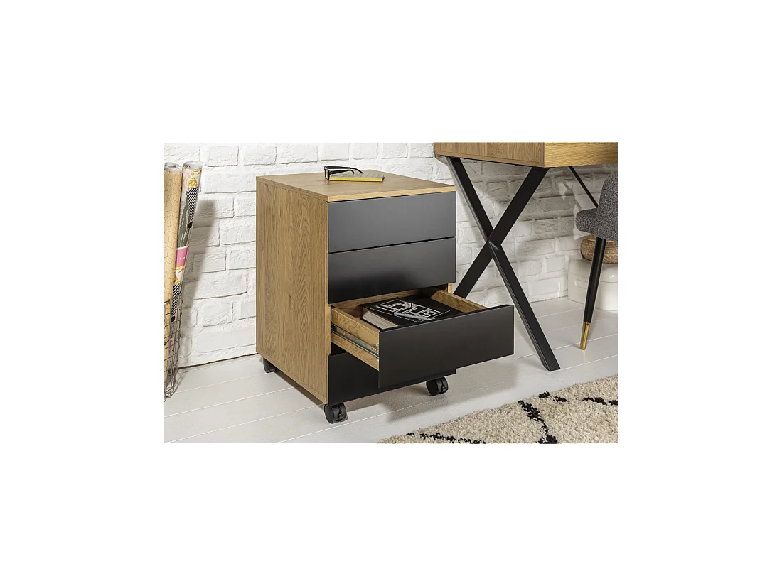 Caisson de bureau LUNISSIA 4 tiroirs sur roulettes – Noir et aspect bois – 40 x 61 x 45 cm