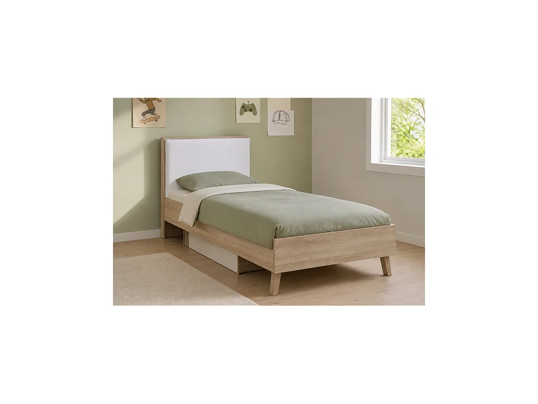 Conjunto dormitorio infantil MALMO con cama 90x200 y mesita de noche – Roble claro y blanco