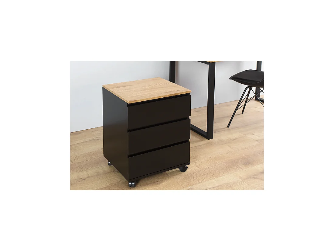 Caisson de bureau ZENTOR 3 tiroirs sur roulettes – Noir et aspect bois – 46 x 63 x 40 cm