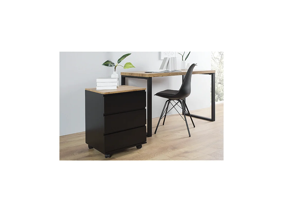Caisson de bureau ZENTOR 3 tiroirs sur roulettes – Noir et aspect bois – 46 x 63 x 40 cm