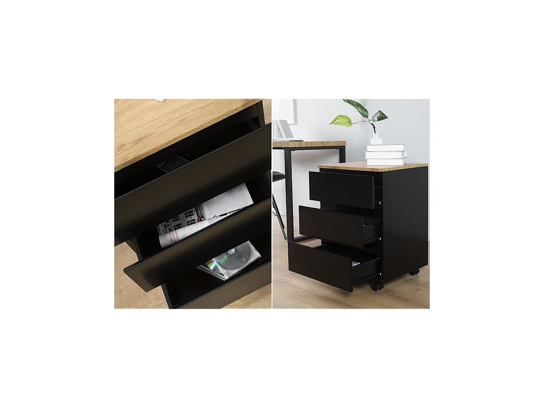 Caisson de bureau ZENTOR 3 tiroirs sur roulettes – Noir et aspect bois – 46 x 63 x 40 cm