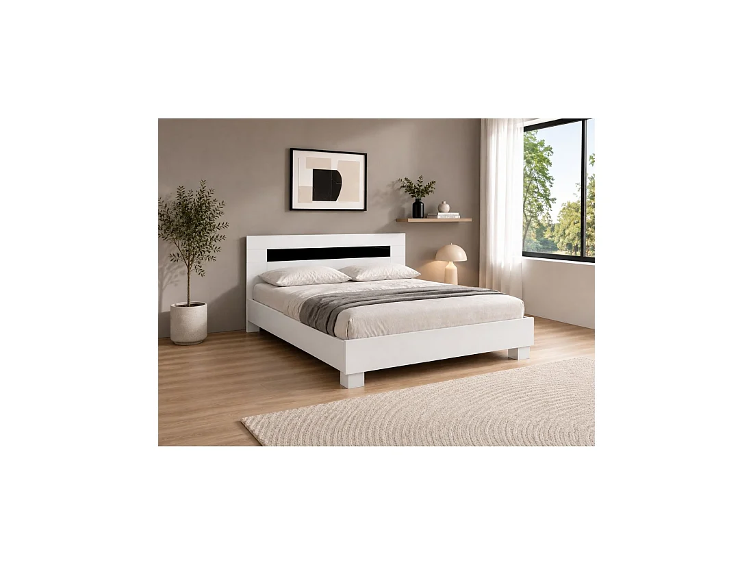 Conjunto cama doble DUBLIN 160x200cm con somier y 2 mesitas de noche – Blanco y negro brillante