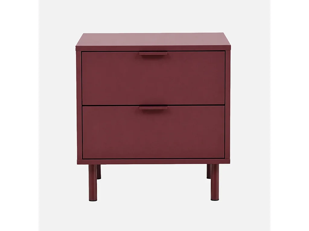 Comodino decorativo in legno e metallo, 2 cassetti, Ellie, Bordeaux, 45x40x47 cm
