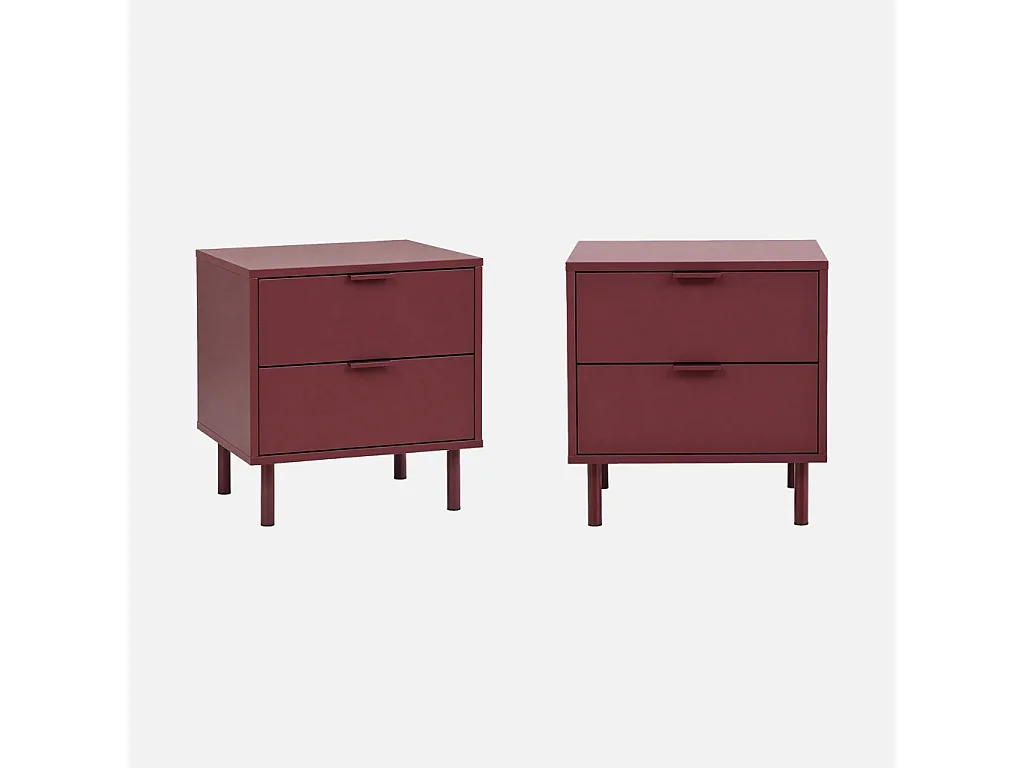 Lot de 2 tables de chevet décor bois et métal 2 tiroirs bordeaux - Ellie