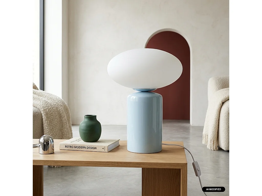 Lámpara de mesa interior de cerámica y vidrio,  Ø25,5cm, Azul claro