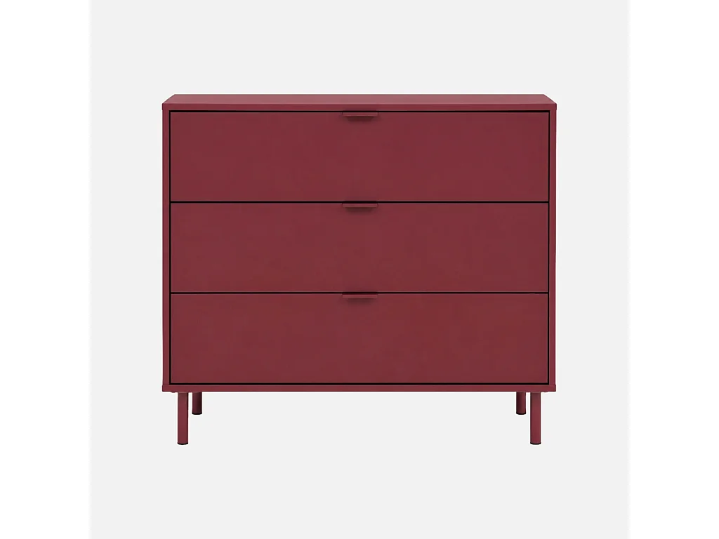 Commode décor bois et métal 3 tiroirs bordeaux - Ellie