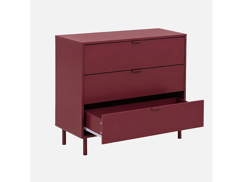 Commode décor bois et métal 3 tiroirs bordeaux - Ellie
