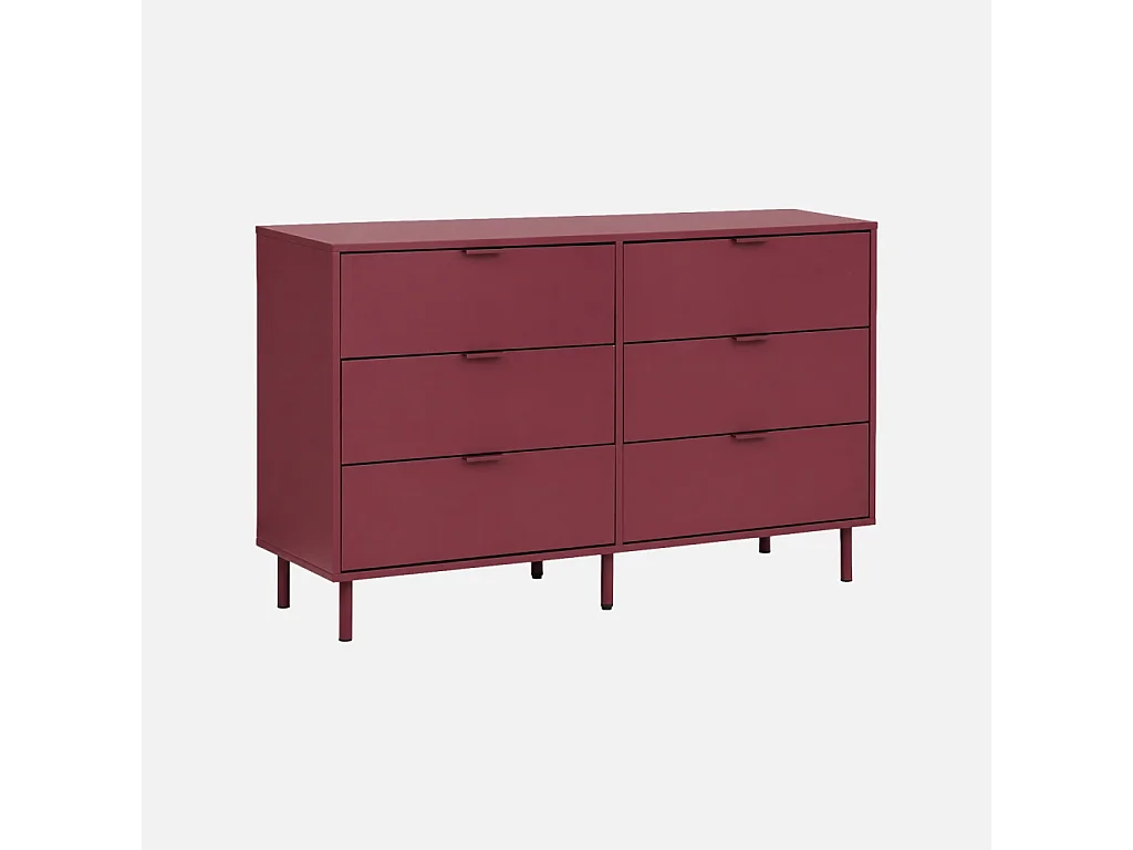 Commode décor bois et métal 6 tiroirs bordeaux - Ellie