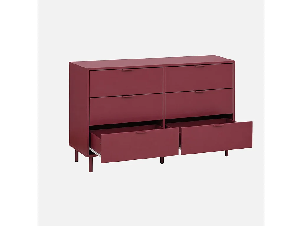 Commode décor bois et métal 6 tiroirs bordeaux - Ellie
