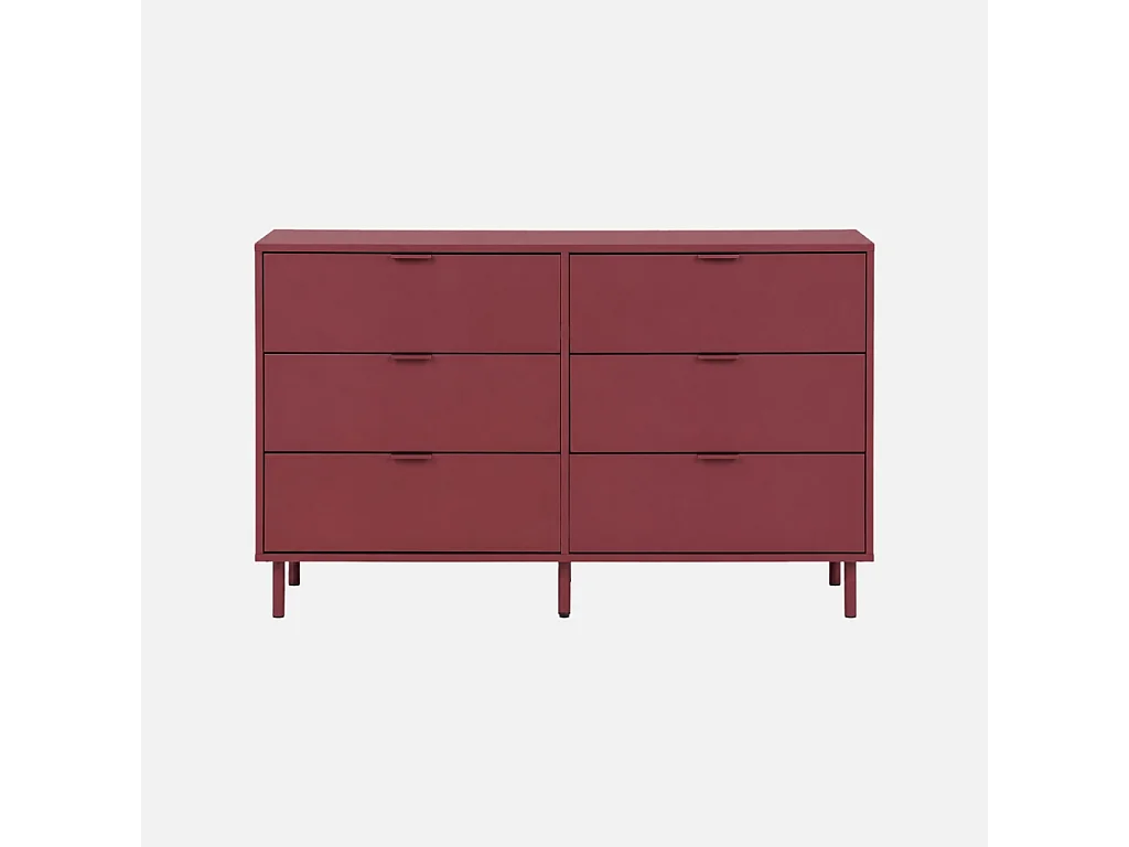 Commode décor bois et métal 6 tiroirs bordeaux - Ellie