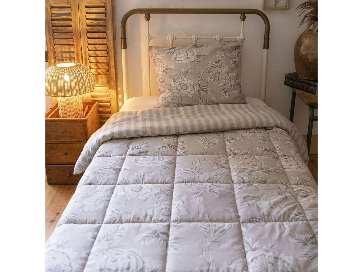 Couette imprimée 140x200cm + 1 taie d'oreiller 63x63cm coton imprimé recto floral verso rayé beige - COTTAGE
