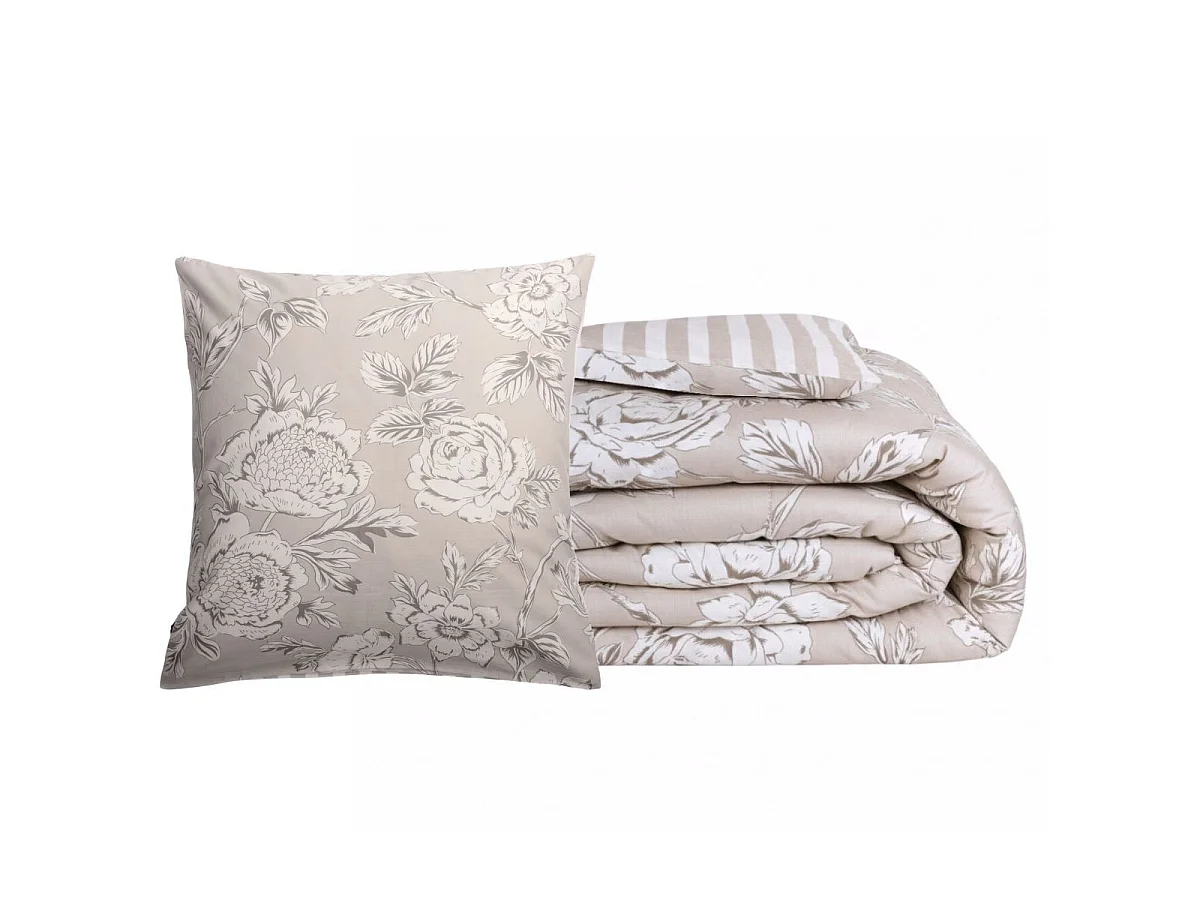 Couette imprimée 140x200cm + 1 taie d'oreiller 63x63cm coton imprimé recto floral verso rayé beige - COTTAGE