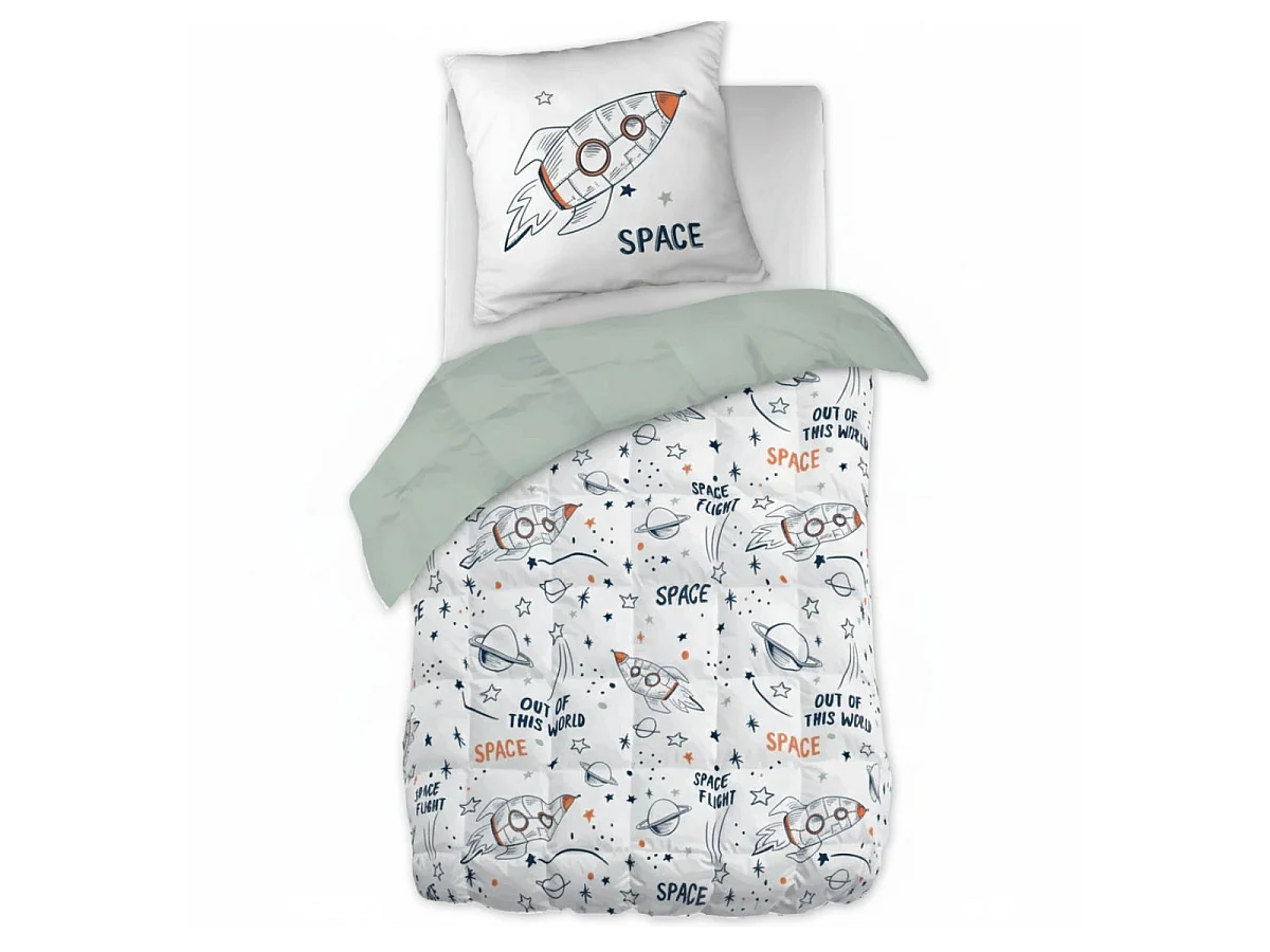 Couette imprimée 140x200cm + 1 taie d'oreiller 63x63cm coton motif Fusée - COMETE
