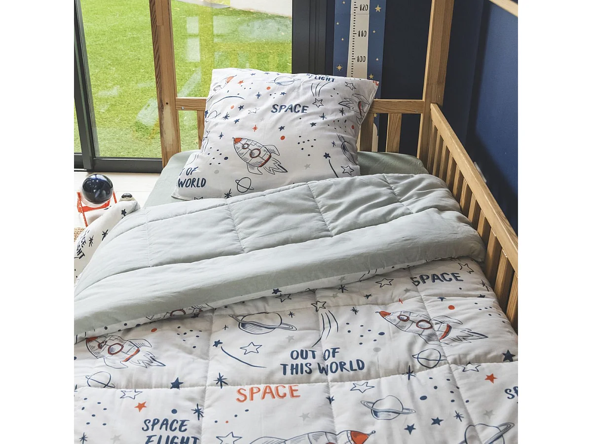 Couette imprimée 140x200cm + 1 taie d'oreiller 63x63cm coton motif Fusée - COMETE