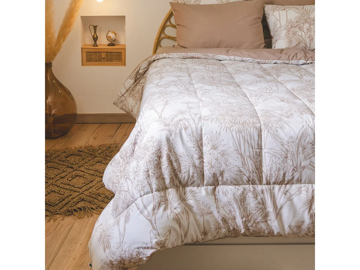Couette imprimée 140x200cm + 1 taie d'oreiller 63x63cm coton imprimé feuillage blanc et sable - JAVEN