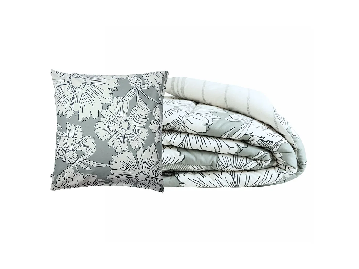 Couette imprimée 140x200cm + 1 taie d'oreiller 63x63cm coton imprimé recto floral verso rayé vert sauge et blanc - TAMIA