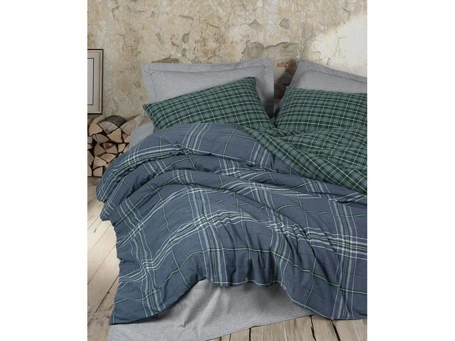 King Size Omkeerbare Blauw Geruite Dekbedovertrek Set met 2 Kussenslopen 220x240 cm - Katoen-Polyester