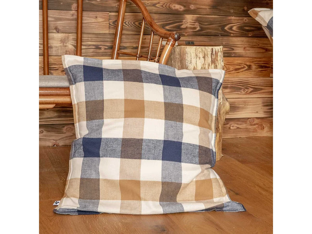 Taie d'oreiller 63x63cm en flanelle de coton à carreaux beige - BASTIEN