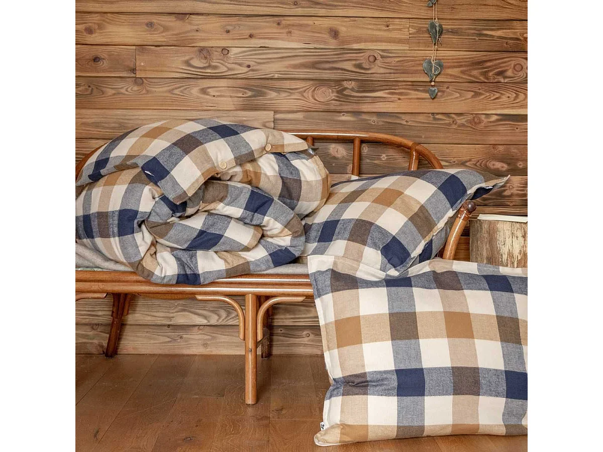 Taie d'oreiller 63x63cm en flanelle de coton à carreaux beige - BASTIEN