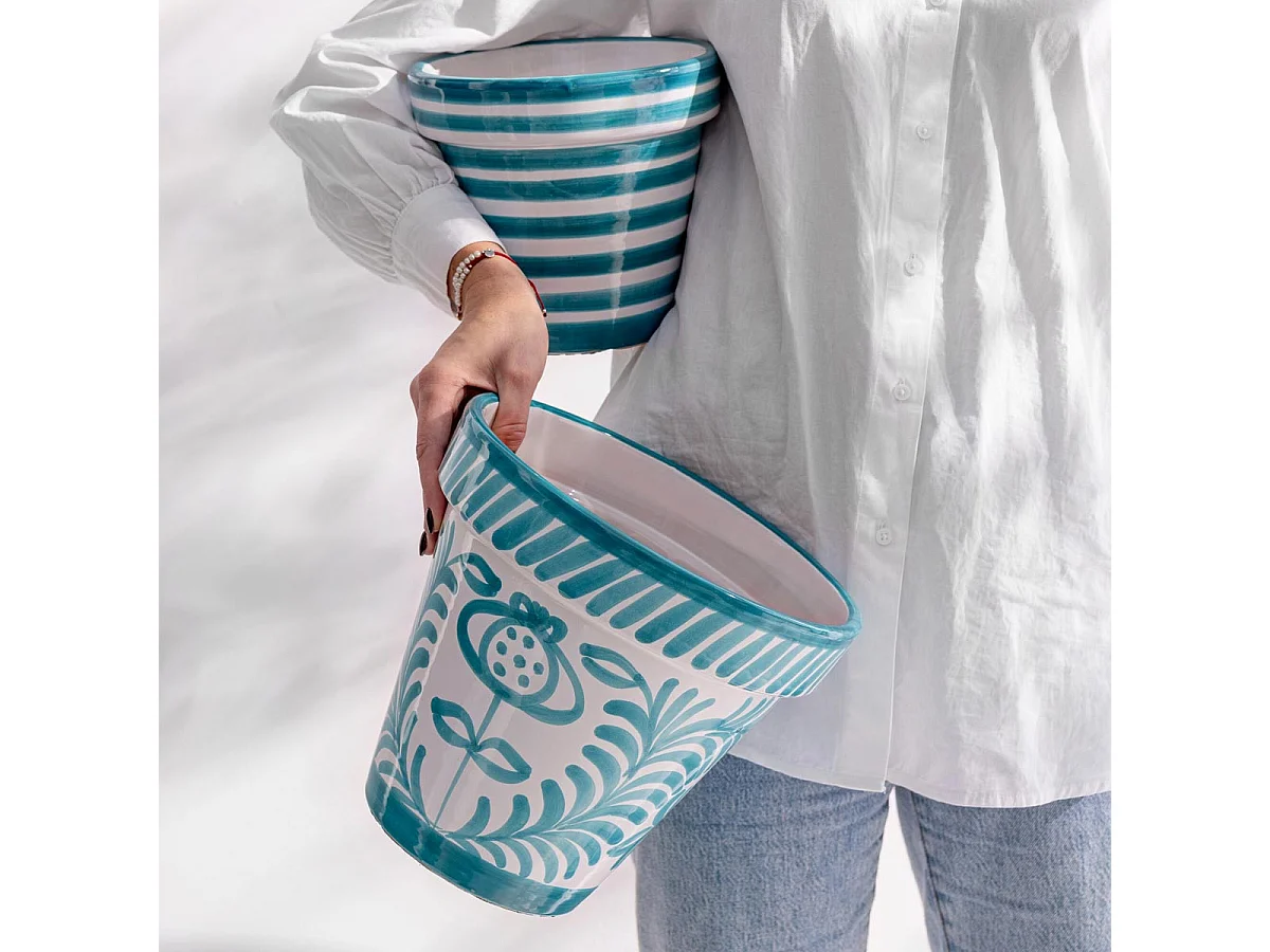 Pot Avec Soucoupe en Céramique "Granada" 50cm Bleu Aqua