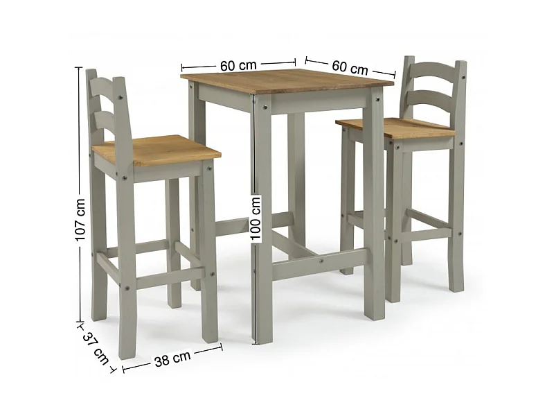 Mercers Furniture Corona Grey Wax Bistro Table and 2 Barstools Kitchen Dining Set Tall High Breakfast Bar Solid Wood Mexican Pine Wooden