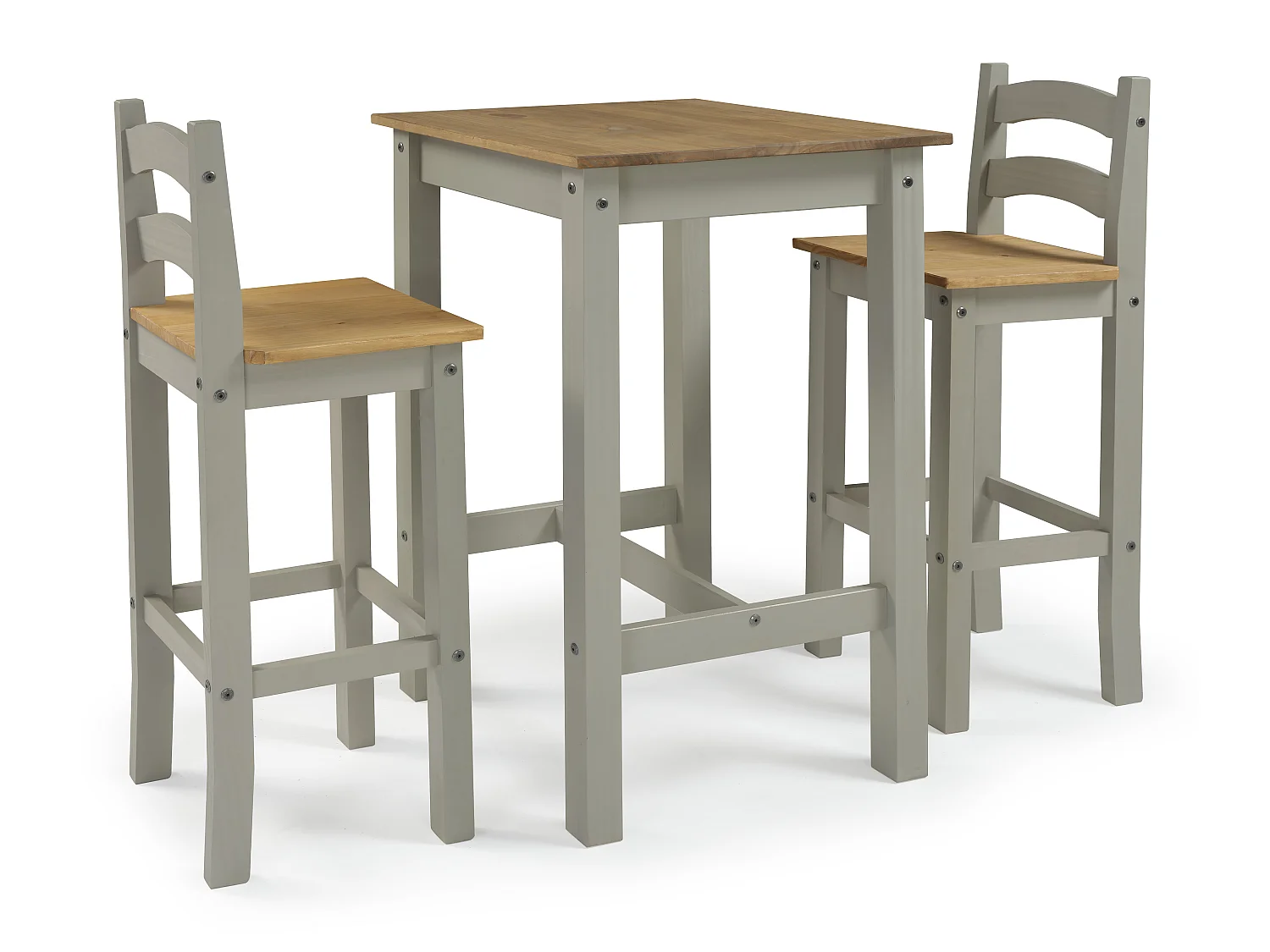 Mercers Furniture Corona Grey Wax Bistro Table and 2 Barstools Kitchen Dining Set Tall High Breakfast Bar Solid Wood Mexican Pine Wooden
