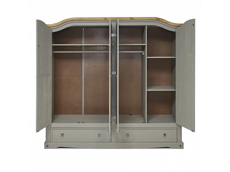 Mercers Furniture Corona Grey Wax 4 Door 2 Drawer Arch Top Wardrobe Solid Wood Pine Wooden Large Bedroom Robe with Mexican Styling