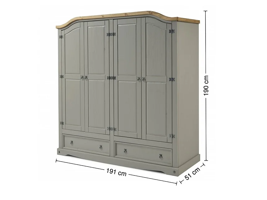 Mercers Furniture Corona Grey Wax 4 Door 2 Drawer Arch Top Wardrobe Solid Wood Pine Wooden Large Bedroom Robe with Mexican Styling