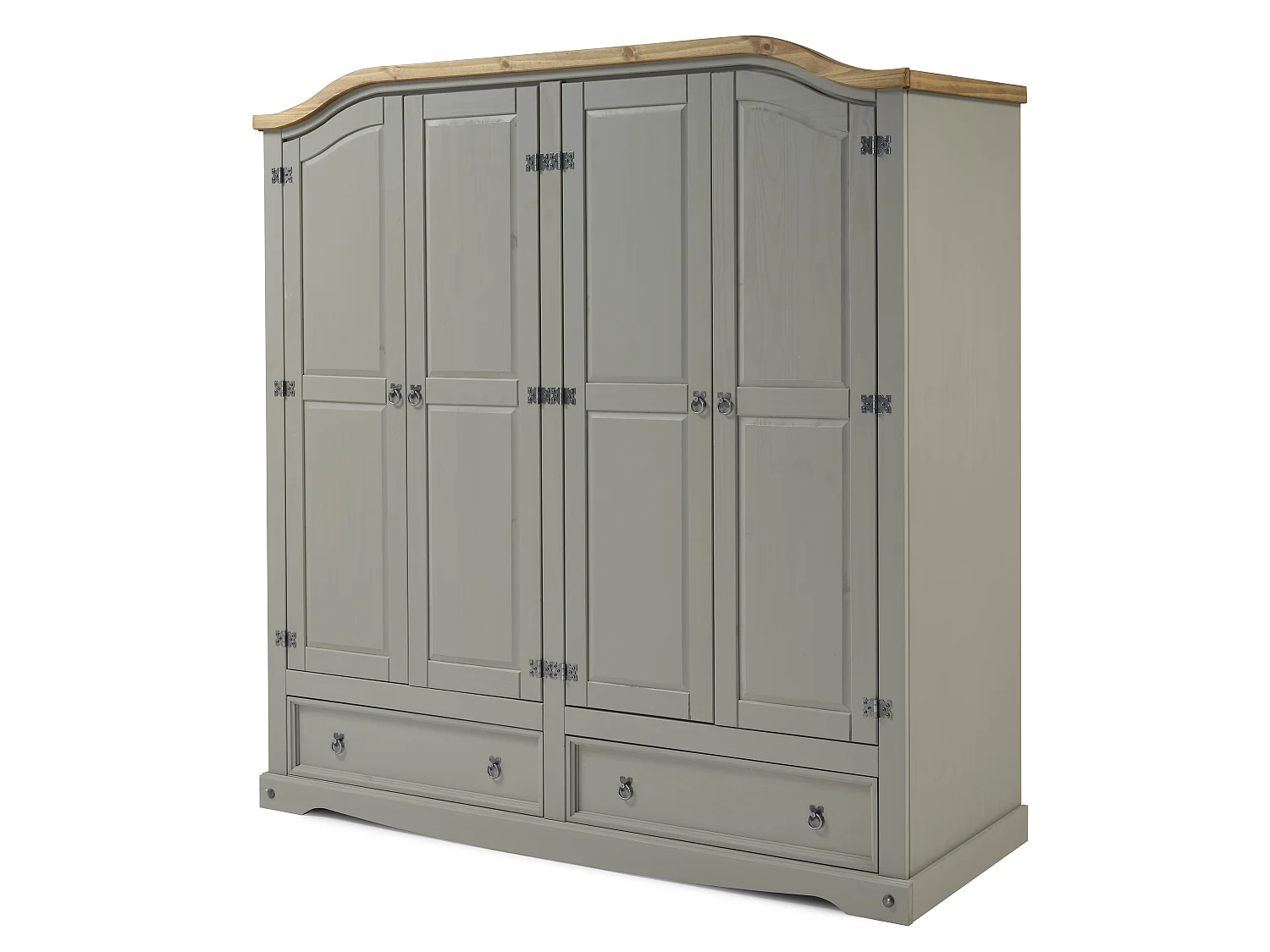 Mercers Furniture Corona Grey Wax 4 Door 2 Drawer Arch Top Wardrobe Solid Wood Pine Wooden Large Bedroom Robe with Mexican Styling