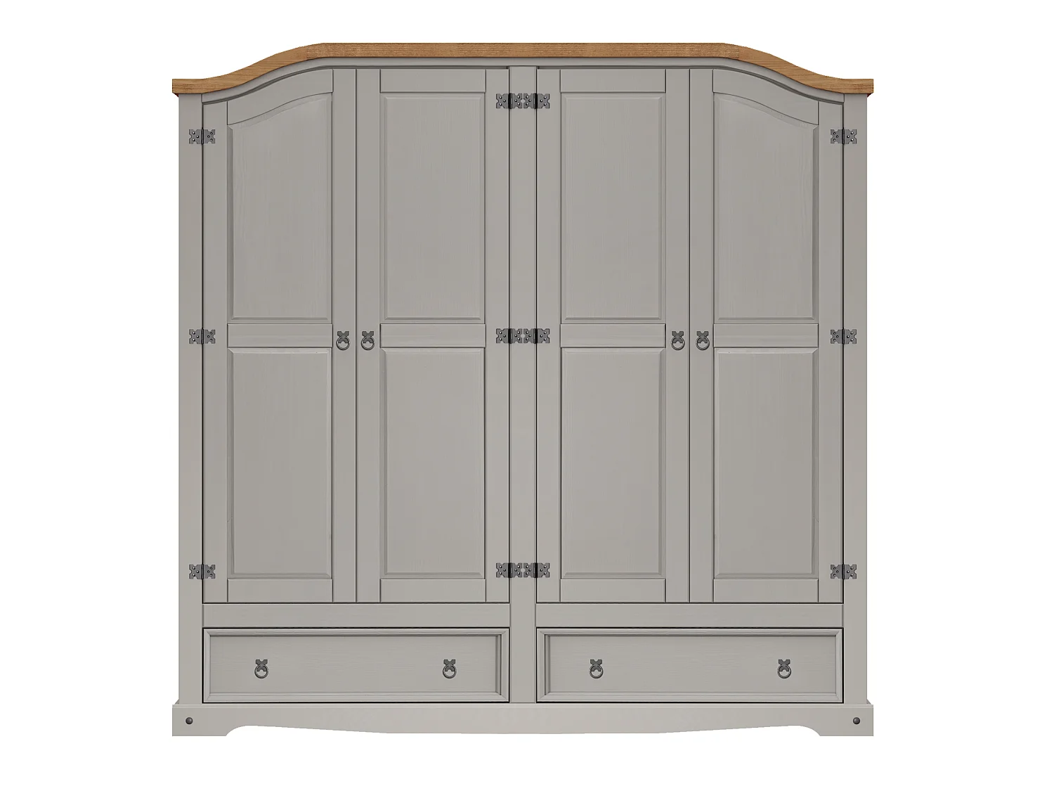 Mercers Furniture Corona Grey Wax 4 Door 2 Drawer Arch Top Wardrobe Solid Wood Pine Wooden Large Bedroom Robe with Mexican Styling