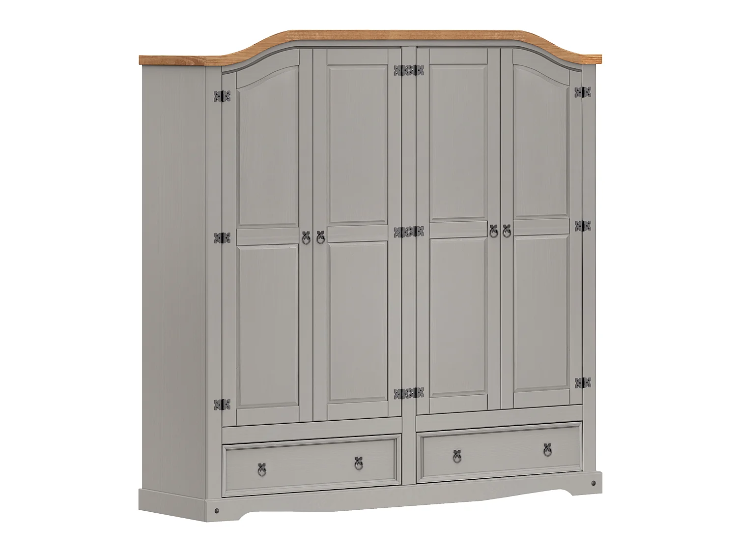 Mercers Furniture Corona Grey Wax 4 Door 2 Drawer Arch Top Wardrobe Solid Wood Pine Wooden Large Bedroom Robe with Mexican Styling
