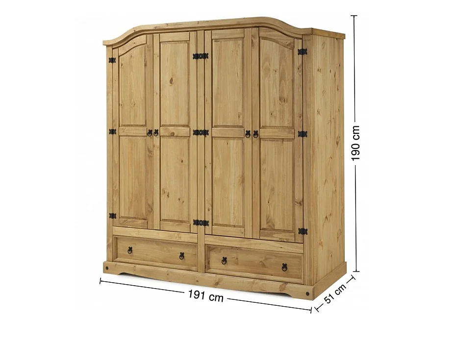 Mercers Furniture Corona 4 Door 2 Drawer Wardrobe Large Robe Solid Wood Pine Wooden Bedroom with Mexican Styling