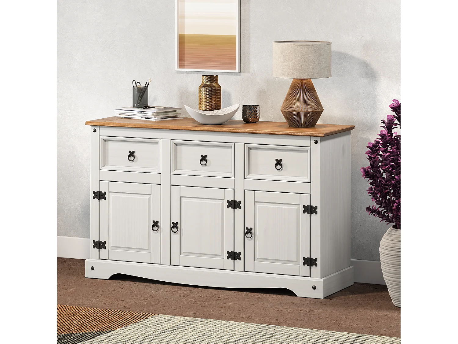 Mercers Furniture Corona White 3 Door Welsh Dresser Buffet Hutch Sideboard Display Cabinet Solid Wood Mexican Pine Wooden
