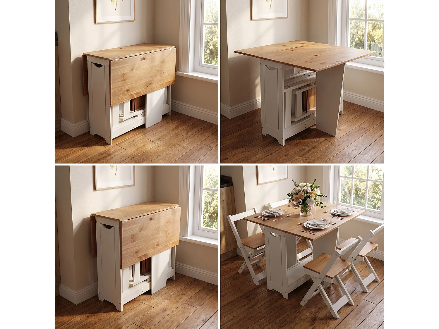 Mercers Furniture Corona White Wax Butterfly Dining Set Folding Table and 4 Chairs Compact Drop Leaf Small Kitchen Solid Wood Pine Wooden with Mexican Styling