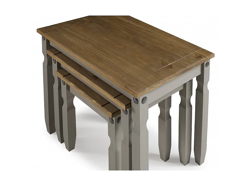 Mercers Furniture Corona Grey Wax Nest of 3 Tables LARGE Side End Lamp Occasional Stands Solid Wood Pine Wooden with Mexican Styling