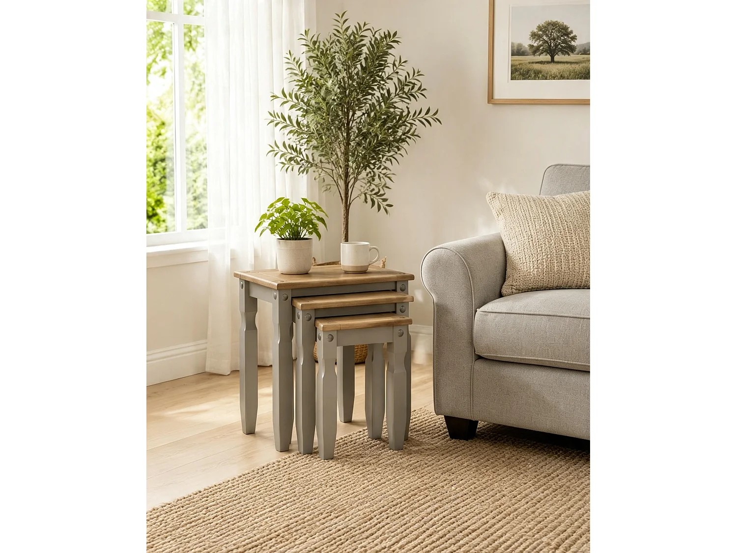Mercers Furniture Corona Grey Wax Nest of 3 Tables LARGE Side End Lamp Occasional Stands Solid Wood Pine Wooden with Mexican Styling