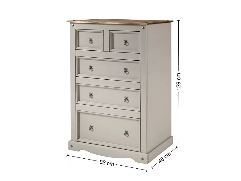 Mercers Furniture Corona Grey Wax 2+3 Chest of 5 Drawers Large Solid Wood Pine Wooden Bedroom with Mexican Styling