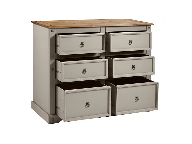 Mercers Furniture Corona Grey Painted Wax 6 Drawer Large Wide Chest of Drawers Solid Wood Pine with Mexican Styling Wooden