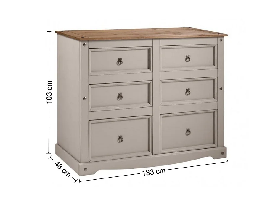 Mercers Furniture Corona Grey Painted Wax 6 Drawer Large Wide Chest of Drawers Solid Wood Pine with Mexican Styling Wooden