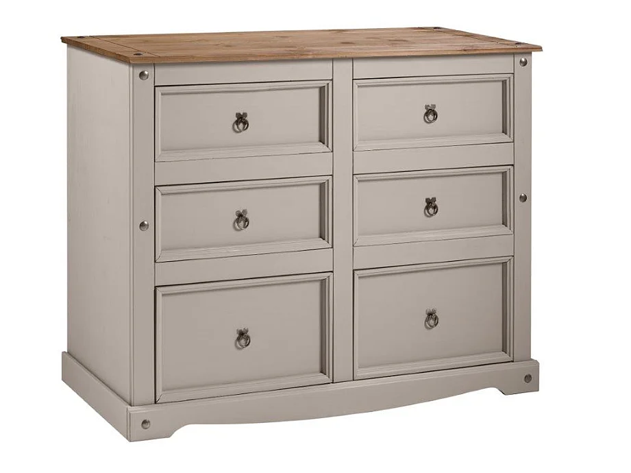 Mercers Furniture Corona Grey Painted Wax 6 Drawer Large Wide Chest of Drawers Solid Wood Pine with Mexican Styling Wooden