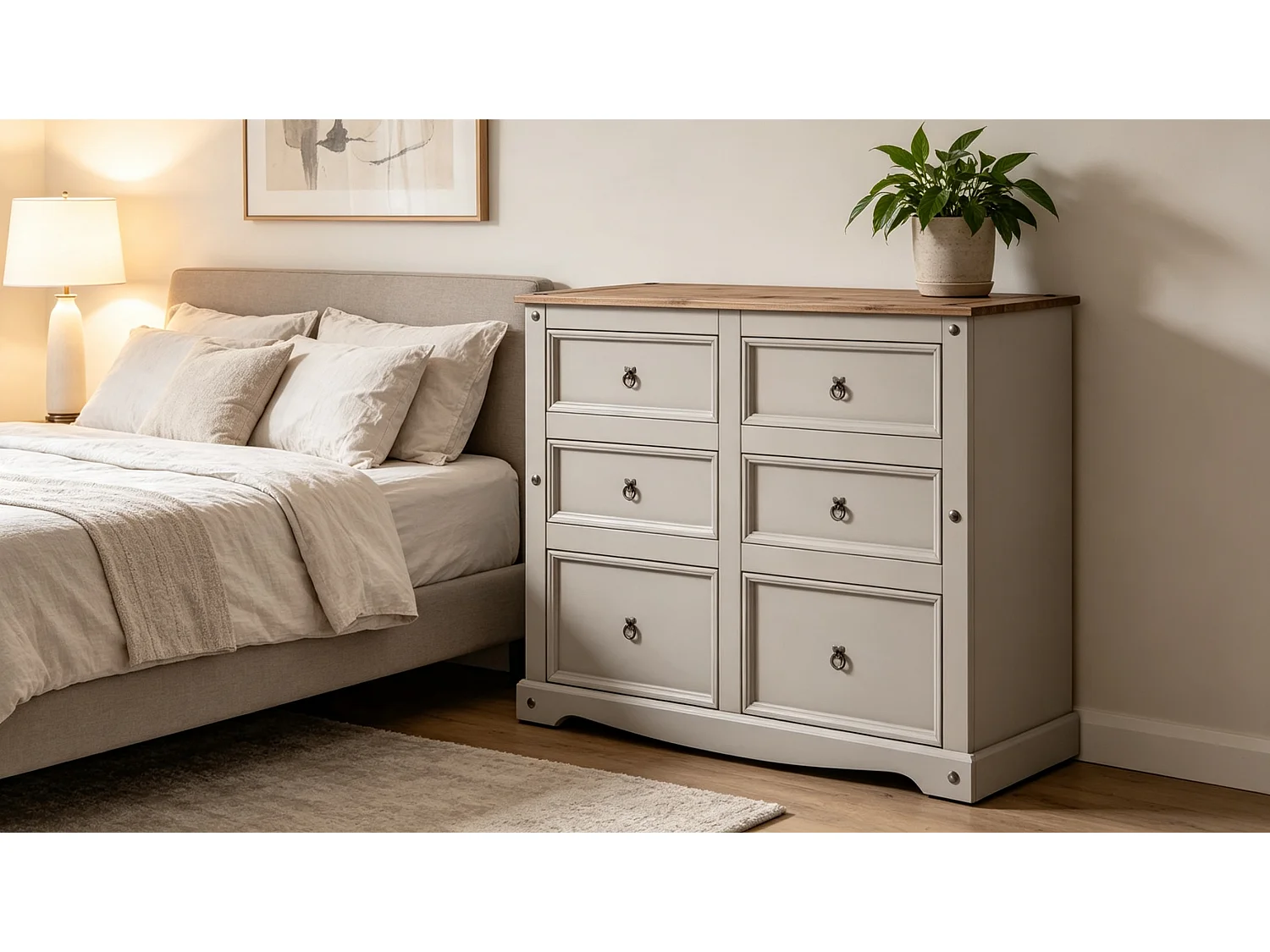 Mercers Furniture Corona Grey Painted Wax 6 Drawer Large Wide Chest of Drawers Solid Wood Pine with Mexican Styling Wooden