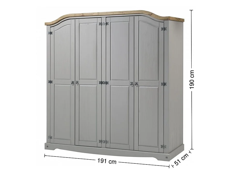 Mercers Furniture Corona Grey Wax 4 Door Arch Top Wardrobe Large Robe Solid Wood Pine Wooden Bedroom Rustic Mexican Styling
