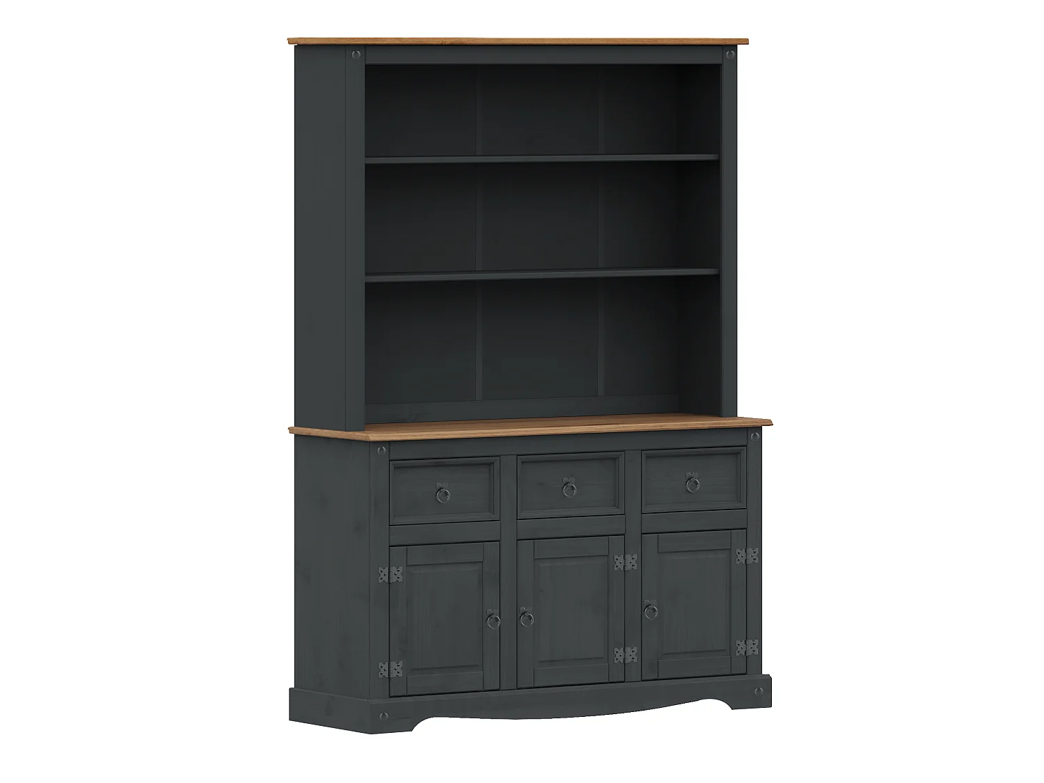 Mercers Furniture Corona Charcoal 3 Door Dresser Top Shelving Open Display Sideboard Topper Solid Wood Mexican Pine Wooden Dark Grey