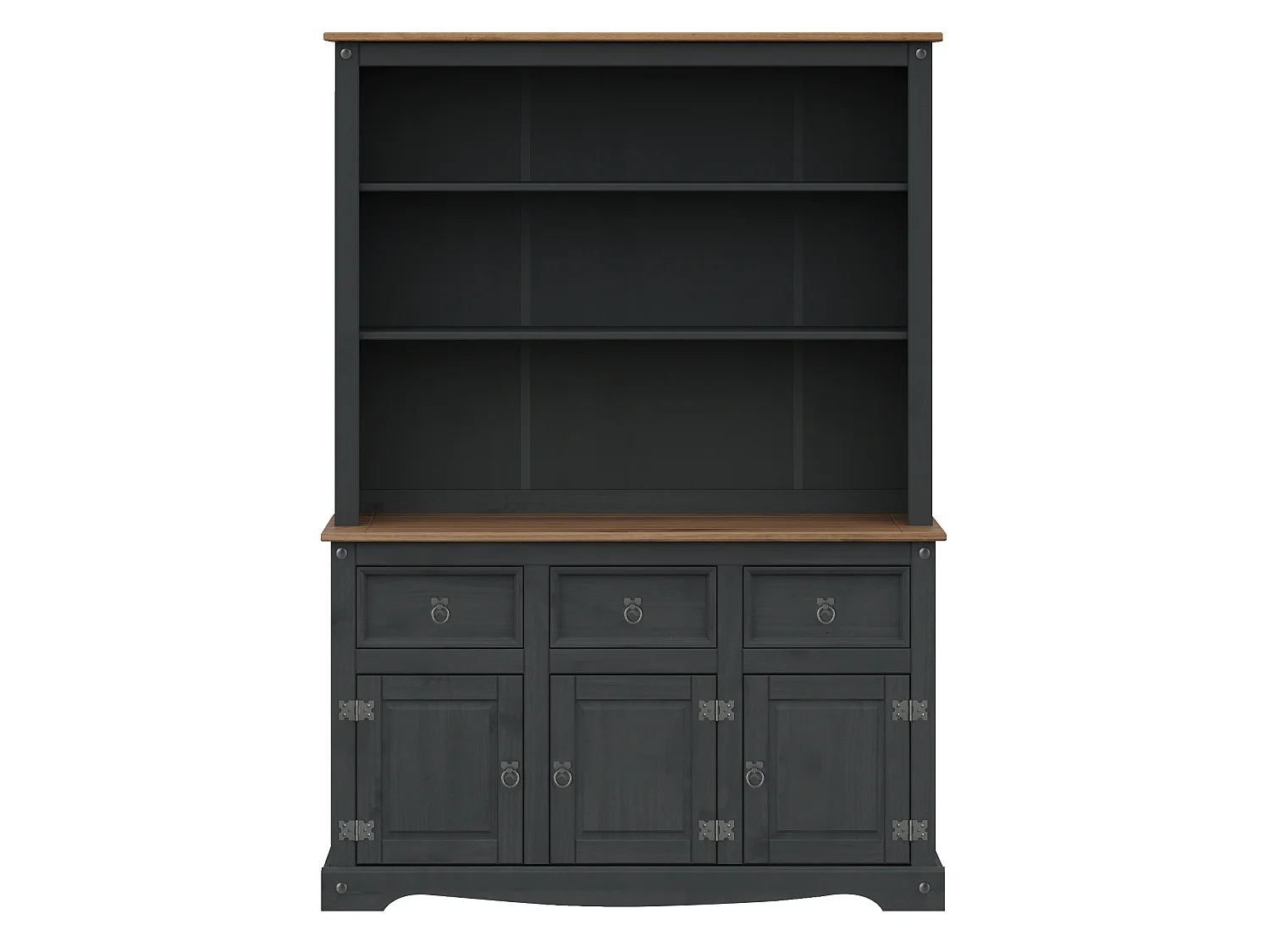 Mercers Furniture Corona Charcoal 3 Door Dresser Top Shelving Open Display Sideboard Topper Solid Wood Mexican Pine Wooden Dark Grey