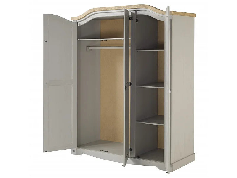 Mercers Furniture Corona Grey Wax 3 Door Arch Top Wardrobe Triple Robe Solid Wood Pine Wooden Bedroom Rustic Mexican Styling