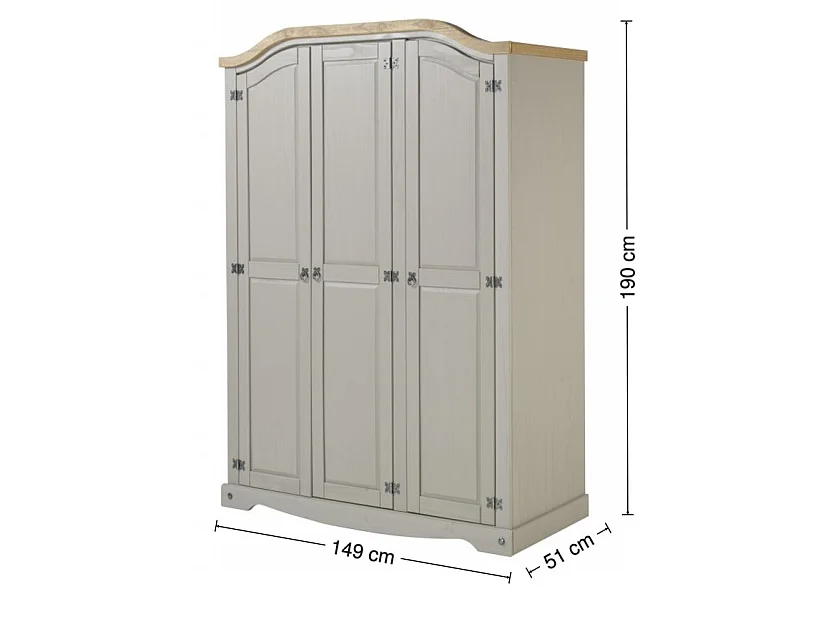Mercers Furniture Corona Grey Wax 3 Door Arch Top Wardrobe Triple Robe Solid Wood Pine Wooden Bedroom Rustic Mexican Styling