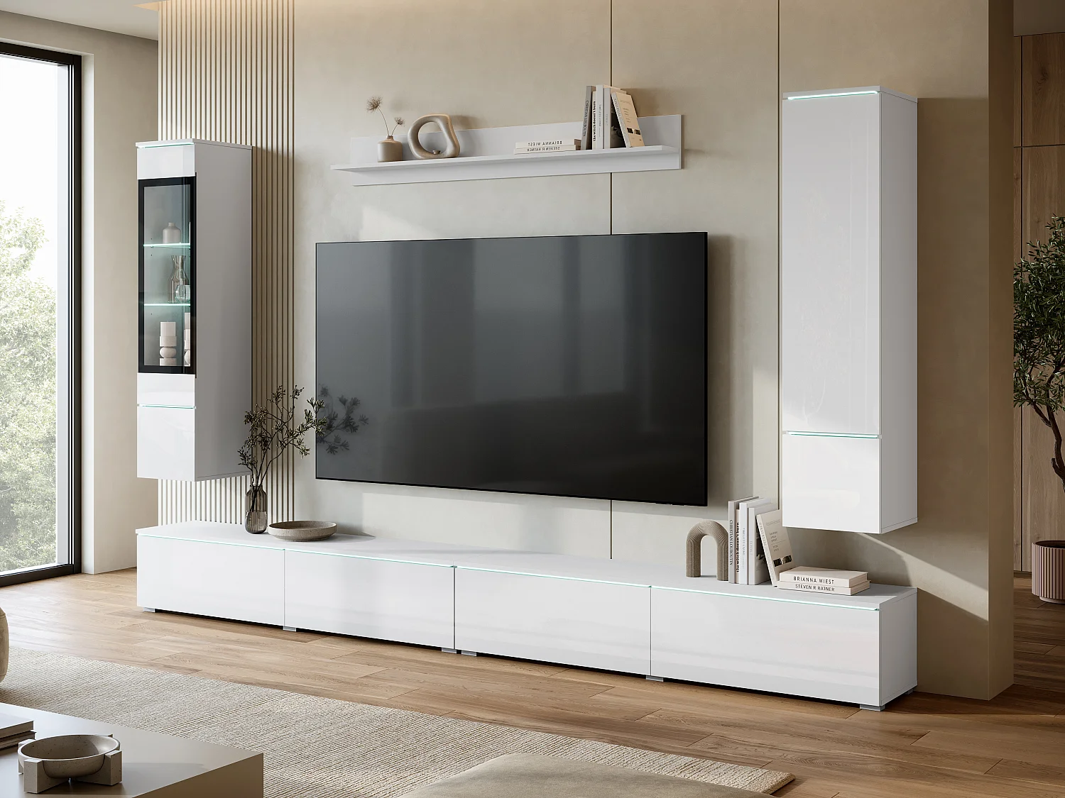 Moderne wandmeubelset 300 cm met verlichting wit/wit hoogglans