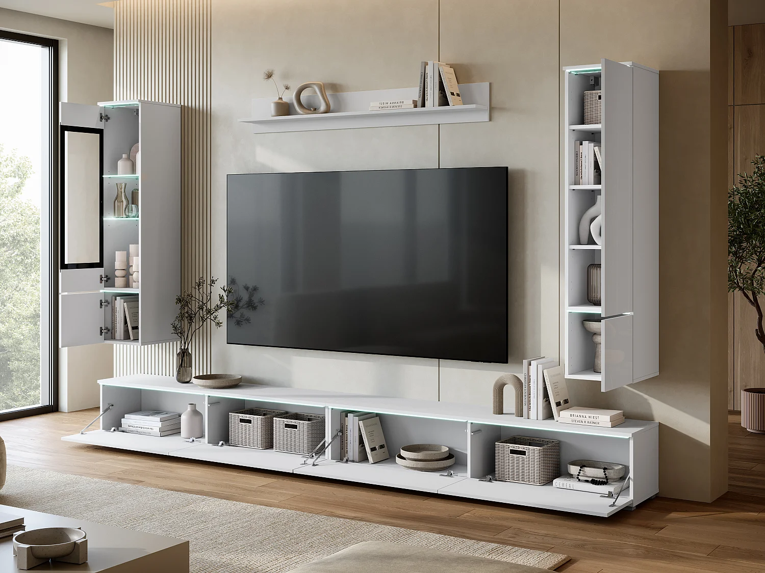 Moderne wandmeubelset 300 cm met verlichting wit/wit hoogglans